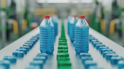 Fototapeta premium Production line featuring blue water bottles in a modern factory setting.