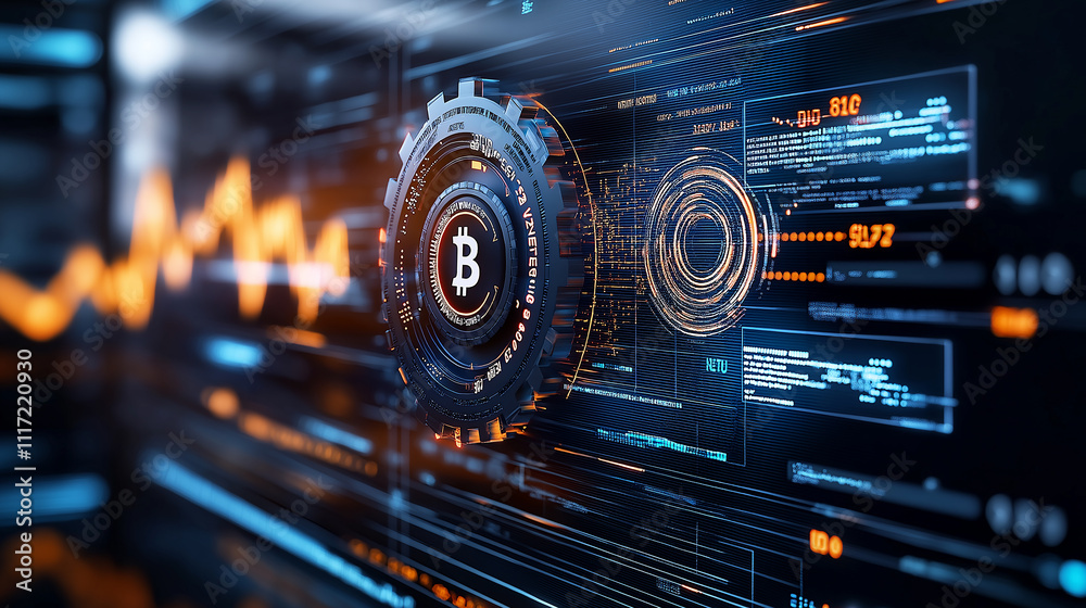 Leinwandbilder secure digital payment system featuring Bitcoin symbol, futuristic technology, and data visualization elements. image conveys innovation and financial security