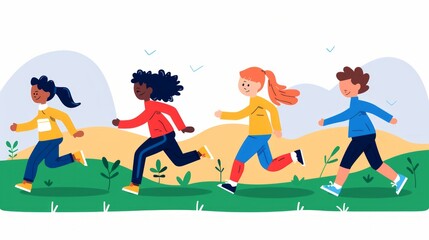 Fototapeta premium Colorful illustration of four diverse children running joyfully in a park, showcasing friendship and active lifestyle amidst green grass and gentle hills in the background.