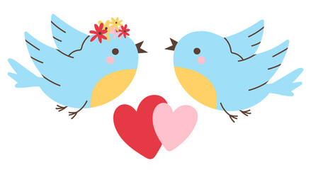 Romantic Birds and Hearts. Adorable Birds in Love. Bird Couple with Hearts. Vector illustration, flat style
