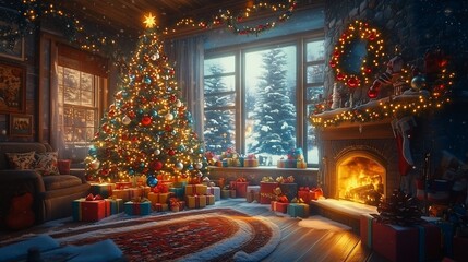 Cosy living room with christmas tree and red gifts in modern interior Merry christmas background