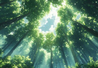 Fototapeta premium Enchanting Sunlit Forest Canopy with Lush Green Foliage and Soft Rays of Light Filtering Through Tall Tree Trunks, Creating a Magical Atmosphere in Nature