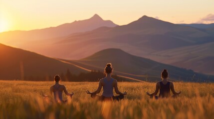 Tranquil Meditation at Sunset: Three Individuals in Lotus Pose Amidst Rolling Hills and Majestic Mountains Under a Golden Sky