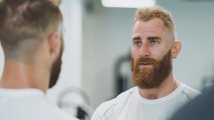 Obraz premium Focused Man with a Beard in Gym Reflecting on Progress in Mirror, Engaging in Self-Reflection and Motivation During Fitness Journey