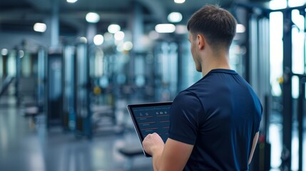 Young Fitness Trainer Analyzing Workout Data on Tablet Inside Modern Gym with Exercise Equipment and Bright Lighting for Health and Wellness Promotion