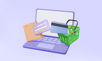 Shopping online via laptop with money transfer credit card payments promotion coins cashback marketing finance shopping bag basket concept 3D vector illustration banner 