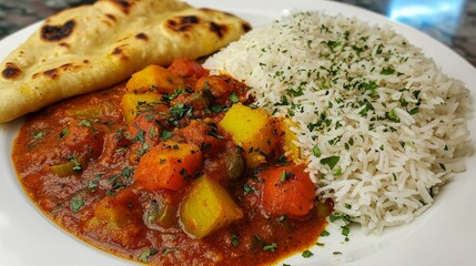 Delicious Vegetable Curry with Rice and Naan Bread