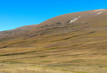 autumn, mountain nature park, sunny day, walk through an alpine meadow with an overview of the area