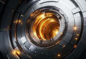 Fototapeta premium Futuristic Abstract Design Featuring Circular Pattern with Metallic Textures and Radiant Golden Lights in a High-Tech Environment