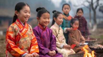 Fototapeta premium Joyful Children in Traditional Attire Enjoying a Cultural Celebration Around a Warm Bonfire in a Misty Landscape, Highlighting Asian Heritage and Community Spirit