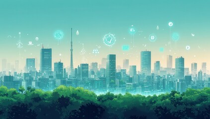 Fototapeta premium Futuristic Cityscape with Technology Elements and Greenery Overlay Showcasing Urban Life and Digital Integration in a Modern Environment