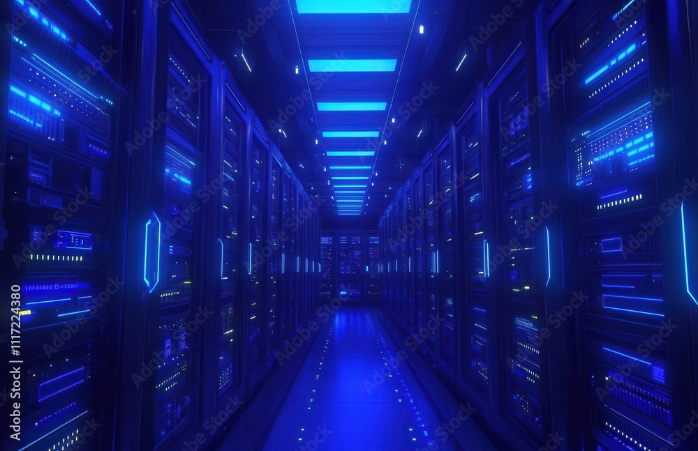 Poster futuristic data center with neon lighting and rows of servers providing technology infrastructure fo