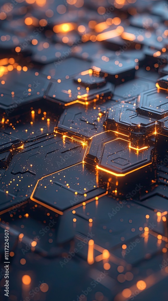 Poster abstract hexagonal structure with glowing orange lines