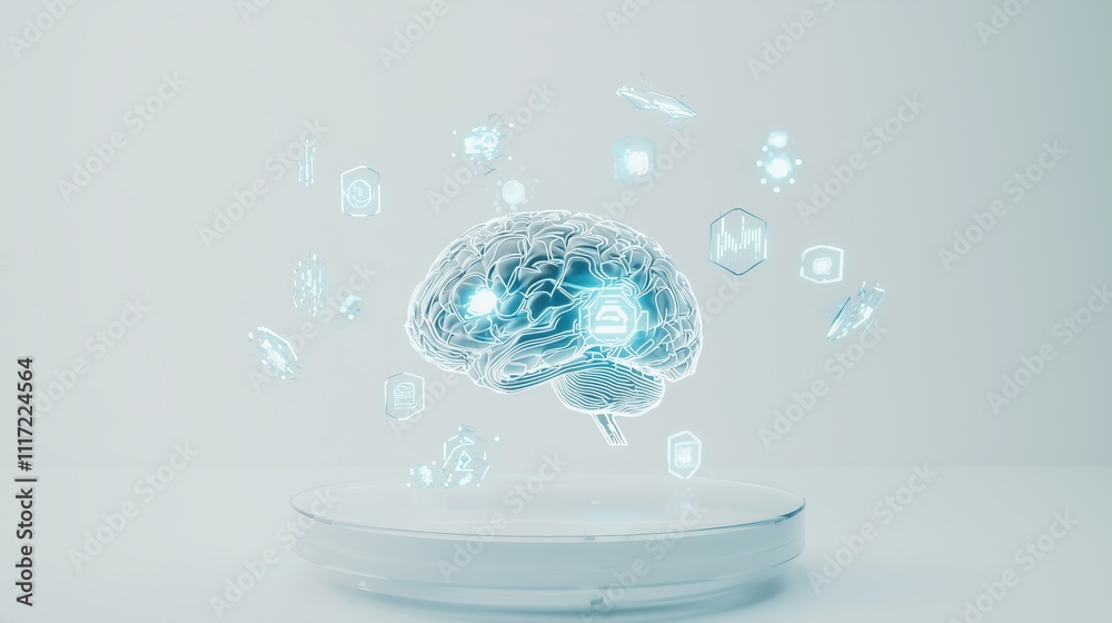 Poster conceptual ai brain interface with digital elements overlay