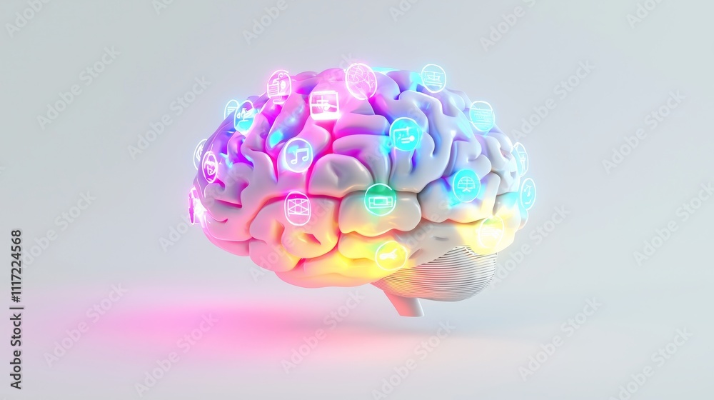 Poster conceptual ai brain interface with colorful digital elements