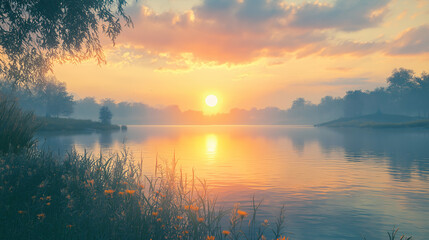 Sunrise reflections over tranquil lake serene natural landscape photography viewpoint