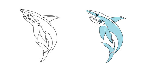 Fototapeta premium Cute dolphin jumping cartoon coloring page vector illustration. Sea animals, summer outline coloring book for kids