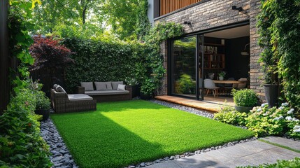 Naklejka premium Modern backyard patio with artificial turf, grey sofa, and lush green plants.