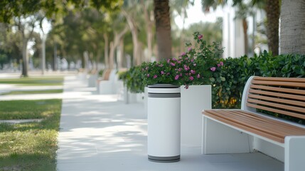 A serene outdoor scene featuring a bench beside a trash can, surrounded by greenery and pathways, ideal for relaxation and enjoying nature.