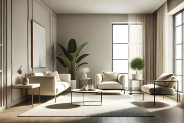 Hyper realistic and creative image for modern interior room design with warm and white background