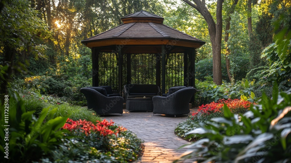 Poster a quaint gazebo with comfortable seating invites relaxation in a lush garden. surrounded by vibrant 