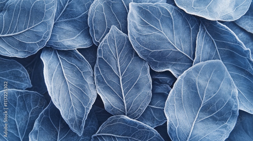 Aufkleber frost clings to each intricate leaf, transforming a close-up view into a mesmerizing blue landscape.