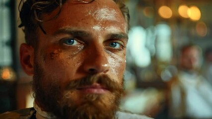 Barber shop portrait of a rugged man with a thoughtful expression