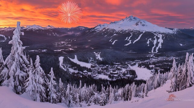 Snowy mountain range at dawn, with a fireworks display over a ski resort town.