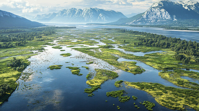 A visual of the effects of climate change on river ecosystems with altered flow patterns and ecosystem disruption.
