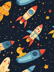 Cartoon pattern of Duck flying with rocket to space, stars.