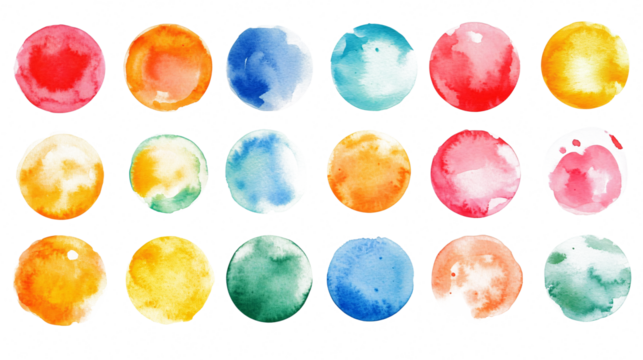 Set of color watercolor circle set. Vector smear watercolor splash stain on transparent background. 