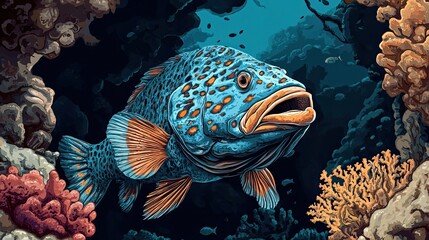 Vivid Grouper Fish in a Coral Reef Habitat