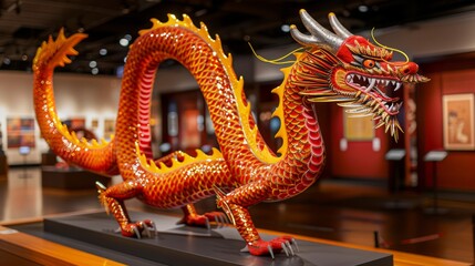 Obraz premium Vividly Colored Dragon Sculpture Displayed in a Museum Setting, Showcasing Intricate Details and Cultural Significance of Asian Artistry and Heritage