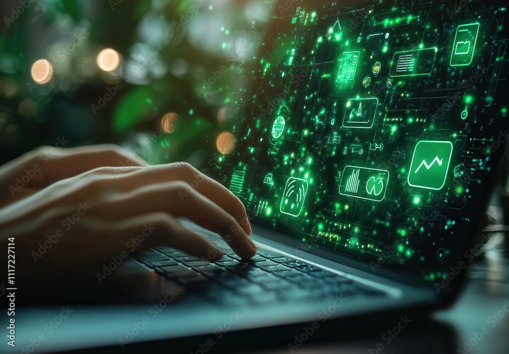 Aufkleber hands typing on laptop with digital interface showcasing data visualizations and technology concepts
