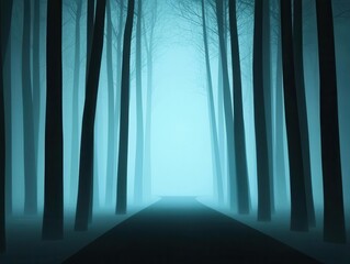 Paved road through a tranquil, fogcovered forest with soft light filtering through, Foggy forest road, Mysterious, scenic, peaceful