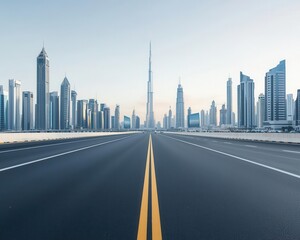 Highway road leading into a bustling city, with skyscrapers visible on the horizon, City highway, Urban, expansive, dynamic