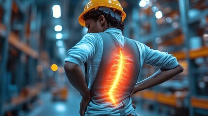 Worker with highlighted spine in a warehouse setting.