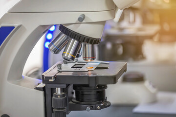 close up microscope equipment for research experiments in science laboratory