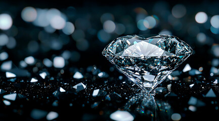 Faceted, clean diamond on black background. Banner. Jewelry workshops and stores. Copy space.