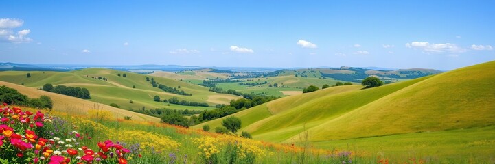 Obraz premium Vibrant and lush landscape with rolling hills, blooming flowers, and a clear blue sky, vibrant, plants, nature