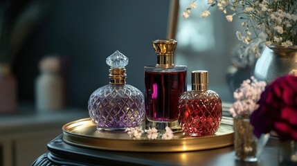 Elegant perfume bottles on a gold tray, placed on a dressing table