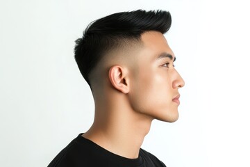 Asian male side profile stylish short haircut undercut black t shirt clean-shaven