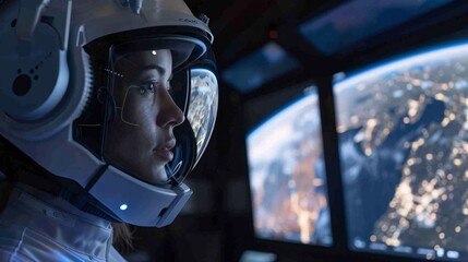 Fototapeta premium Astronaut wearing spacesuit sits inside spacecraft with Earth visible through window exploring the vastness of outer space on a solitary mission