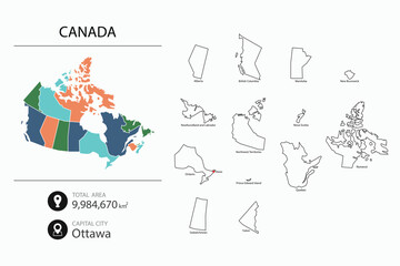 Colorful Map of Canada with Provincial Borders and Outline of Each Province - Infographic Highlighting Total Area and Capital City