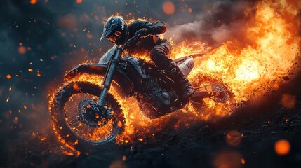 A motorcyclist performs a stunt amidst flames and sparks.