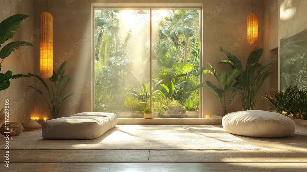 Poster a tranquil room features soft cushions and abundant greenery visible through large windows, illumina