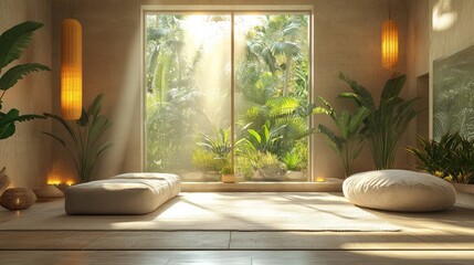 A tranquil room features soft cushions and abundant greenery visible through large windows, illuminated by gentle morning light. The atmosphere invites relaxation and peace.