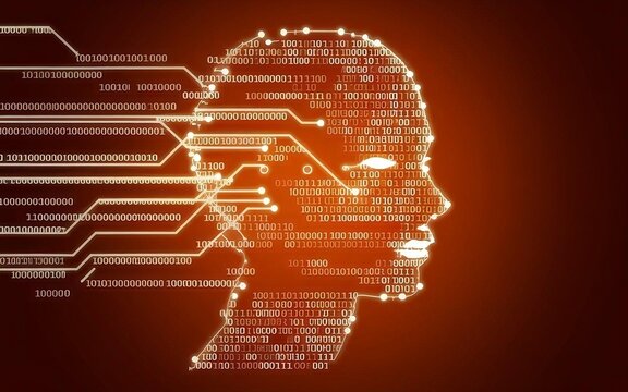 A striking digital silhouette of a human head composed of binary code, illuminated against a vibrant orange background, representing artificial intelligence, data processing