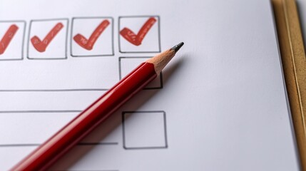 Red Checkmark Ticked Boxes on a Checklist Form with Pen or Pencil on a Desk or Workplace Surface Showing Completed Tasks Goals or Objectives