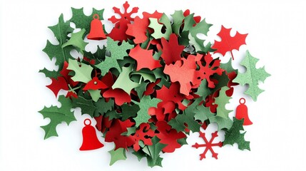 Fototapeta premium A mix of red and green paper flakes with holiday-themed shapes like bells and holly, isolated on a white background